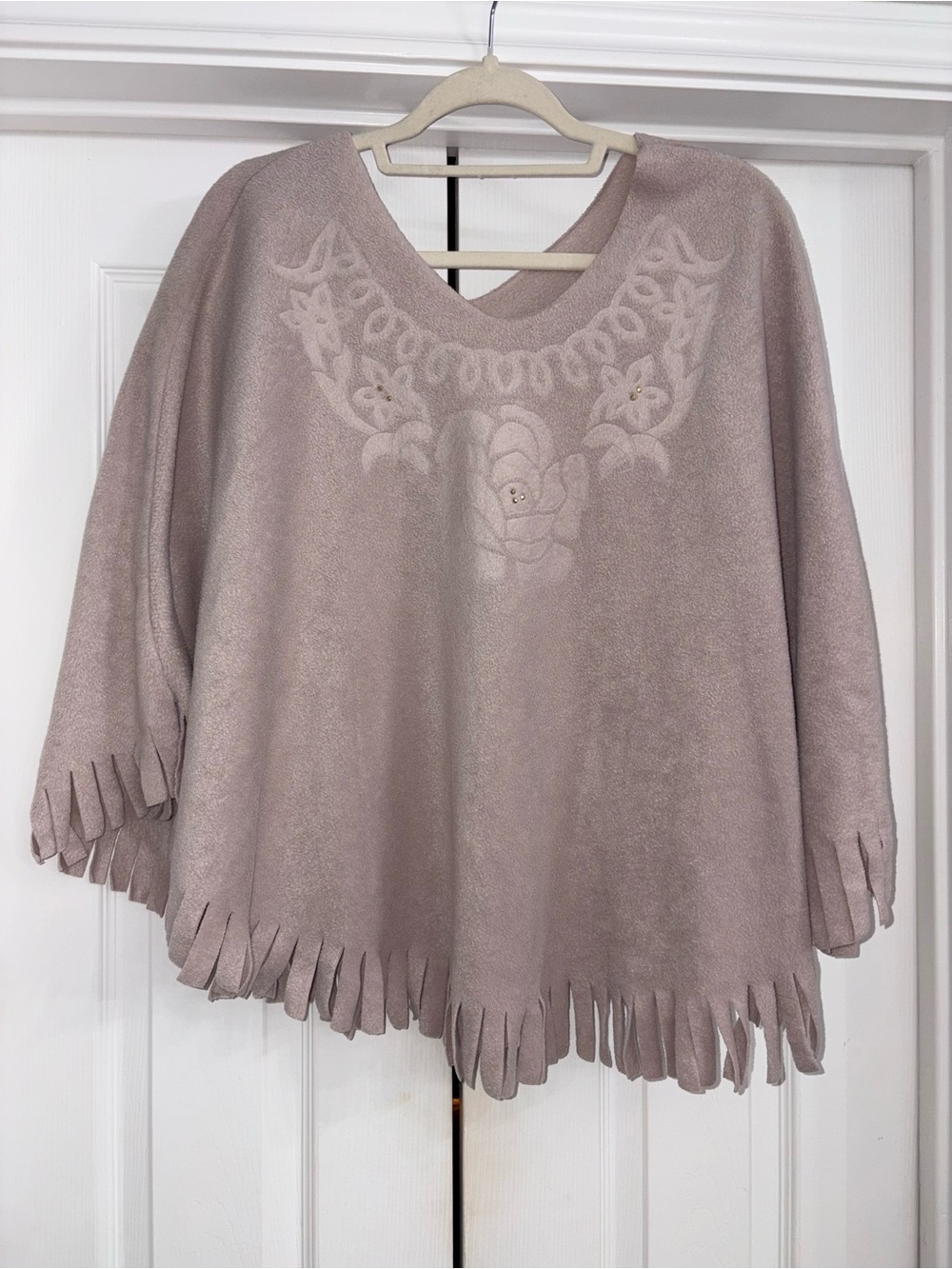 Womens Taupe Fringe Sweater with Floral Embroidery